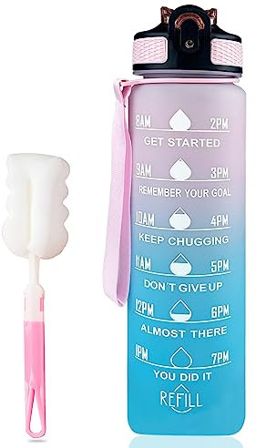 Nutabevr Sport Wasserflasche mit Zeitmarkierung und Strohhalm,1L Tritan Trinkflasche mit Becherbürste,1000ml Wasserflasche,Auslaufsichere BPA Frei für Büro,Fitnessstudio,Outdoor,Camping,Wandern