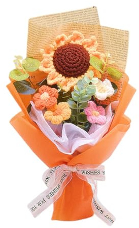 Aiouclay Bouquet di girasoli all'uncinetto, fiori artificiali eterni lavorati a maglia, bouquet di fiori artificiali fatti a mano, decorazione per la casa, regalo per la festa del papà, compleanno