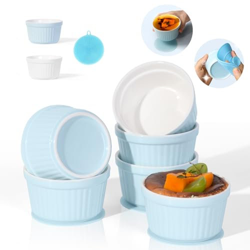 Highkit Ramequin Creme Brulee Lot de 6, 200 ml Moules à Soufflé en Porcelaine, Ramequins Individuels pour Pudding, Crème Glacée, Sauce, Ramequin Dessert pour Four et Micro-ondes,9×5.3cm, Bleu