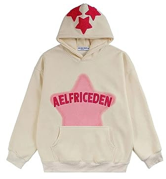 Aelfric Eden Herren Oversized Vintage Hoodie Lose Stern Pullover mit Kapuze Basic Kapuzenpullover Hip Hop Kapuze Sweatshirt mit Tasche Weiß, M