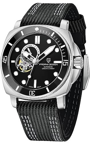Pagani Design Tourbillon Uhren für Männer Mechanische Armbanduhren, Herren Automatikuhr Skelett Zifferblatt Casual Sports Nylon Lederarmband