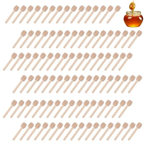 YUNYODA Lot de 100 Cuillere a Miel en Bois, 8 cm de Long Cuillere Miel en Spirale pour Confiture, Sirop de Miel, Mini Cuillères à Miel pour Pots à Miel, Distributeurs, Miel et Fêtes de Mariage