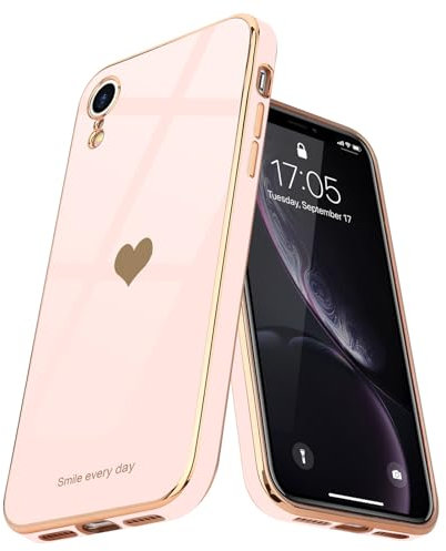 Teageo for iPhone Xr Case Cute Heart Pattern for Women Girls Slim Luxury Bling Plating Soft TPU Anti-Scratch Shockproof Bumper Phone Case for iPhone Xr, Light Pink