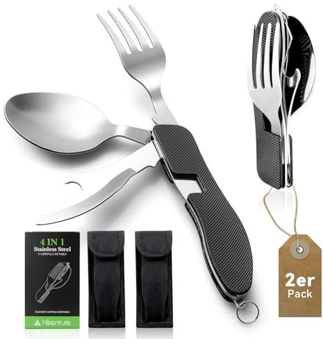 Camping Besteckset Klappbar Edelstahl 2er-Pack, 4 in 1 Outdoor Besteck zum Mitnehmen, Bundeswehr Reisebesteck Klappbesteck 1 Person für Unterwegs, Flaschenöffner Messer Gabel Löffel Set, 2xSchwarz