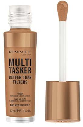 Rimmel Multi Tasker Better Than Filters, 006 Medium Deep, 3 in 1 Face Primer, Glow Booster and Highlighter, Flawless Finish, Infused with Vitamin C and E, Maxi Soft Applicator, Vegan, 30ml