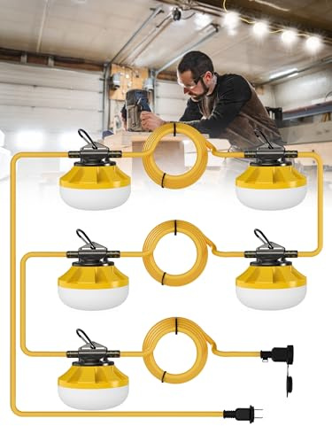 HYPERLITE Construction String Lights: 50FT 5 Bulbs Work Lights with Climbing Hooks - IP65 Waterproof Linkable LED Industrial Temporary Lighting for Construction Sites Attic Crawlspace Renovation
