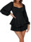 Women 's Loose Shorts Jumpsuit Solid Color Lantern Long Sleeve Square Neck Ruched Ruffled Playsuit (Black, S)