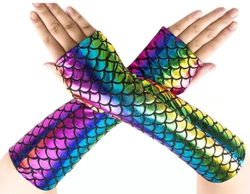 Fingerlose Handschuhe Damen Meerjungfrau, Fischschuppen Lange armstulpen, Halloween Mädchen Cosplay Handschuhe Arm Ärmel für Bühne Leistung Fasching Partei Kostüm Zubehör (Regenbogenfarben)