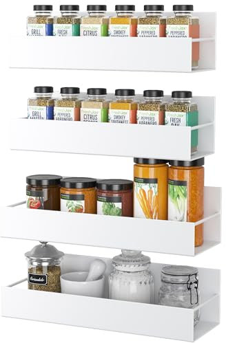 Boswillon 4 Pack Magnetic Spice Rack for Refrigerator, Moveable Seasoning Spice Organizer for Fridge and Microwave Oven, Strong Magnet Metal White Shelves for Kitchen Storage Organization - White