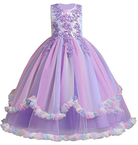 IDOPIP Enfants Filles sans Manches Dentelle Broderie Mariage Demoiselle d'honneur Princesse Couches Tulle Robes de fête soirée Bal Robe de Bal Violet Multicolore 140