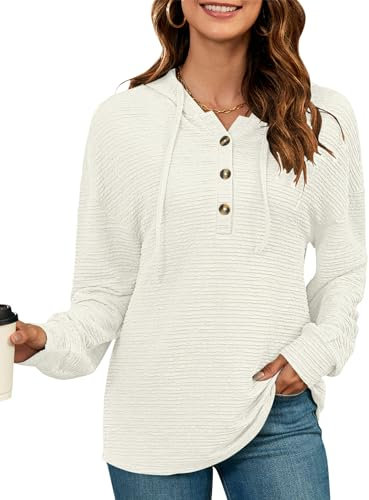 AUSELILY Womens Drawstring Henley Hoodie Textured Long Sleeve Button Pullover Apricot S