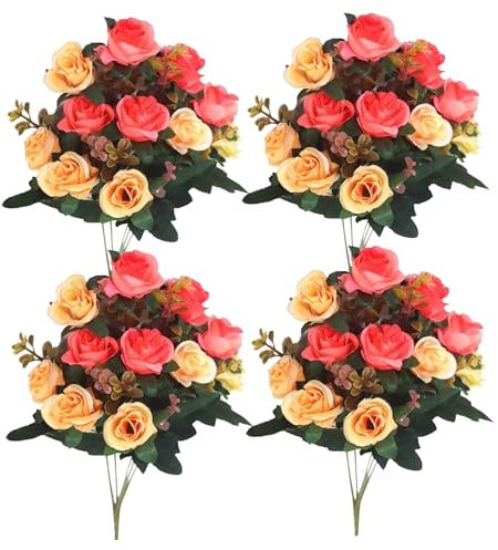 Wedhapy Friedhofsblumen für Gräber 4 Bündel künstliche Rosen 30 cm künstliche Blumen für Gräber 12 Blütenköpfe Gedenkblumen aus Seide für Grabvase Friedhofsdekor orange Grabblumen Friedhofsblumen C
