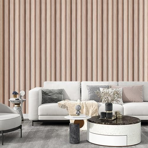 Beswitory Light Brown 3D Effect Wood Slats Wallpaper Natural Wood Grating Panel Wallpaper Feature Wall for Hallway Stairs Lounge Hall Adults Kids Bedroom Living Room