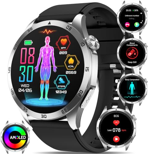 Nouveau Montre Connectée avec ECG/HRV/Acide Urique/Lipides/BMI, 1.43 AMOLED Smartwatch avec Appel Bluetooth, Fatigue, Humeur, Température Corporelle, SPO2, Surveillance du Sommeil pour Android/iOS