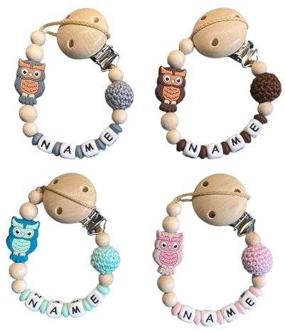 Personalisiertes Baby Geschenk mit Namen für Junge und Mädchen verschiedene Varianten - Schnulliband Motiv Eule