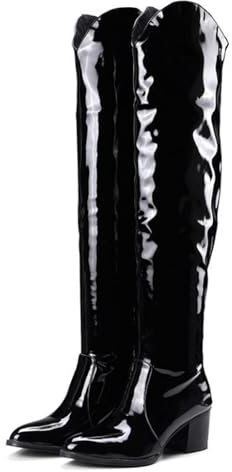WOkismD 5.5CM Sexy Punta Punta Over-The-Ginocchio Stivali Ruolo Giocando Partito in Pelle Lucida Tacco Grosso Over-The-Ginocchio Stivali,Nero,43 EU