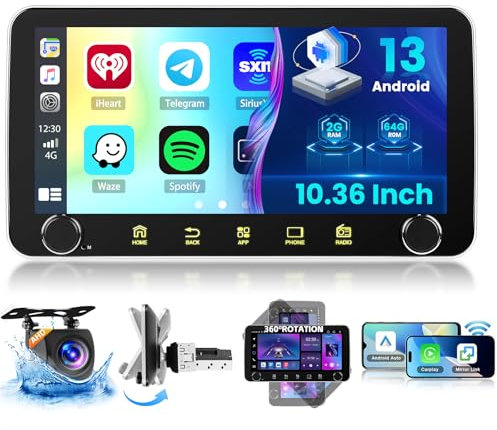 Ohradio Autoradio 1 DIN Android 15 (2G+64G) con Touchscreen da 10,36 Pollici con Rotazione a 360° Stereo Auto con Wireless Carplay & Android Auto, WiFi GPS Radio RDS&FM, SWC USB, Retrocamera+MIC