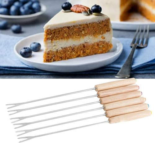Fondue-Gabeln, 6 Stück, Edelstahl, Fondue-Gabeln, Fondue-Sticks, Gabelverlängerung mit Holzgriff, Dessert-Früchte-Gabeln für Käsetopf, Schokolade, Braten, Fleisch