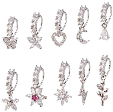 Gosknor 10 Stück Baumelnde Nasenstecker, Zierliche Nasenringe aus Kupfer mit Stern Mond Herz und Blatt Baumelnder Nasenring Piercingschmuck für Damen Modeaccessoires (Silber)