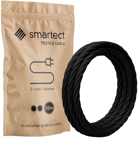smartect Braided Cable twisted, Black, 50 Metres 2 Core Electrical Cable (2 x 0.75mm²) Vintage Fabric Electrical Wire for your DIY project