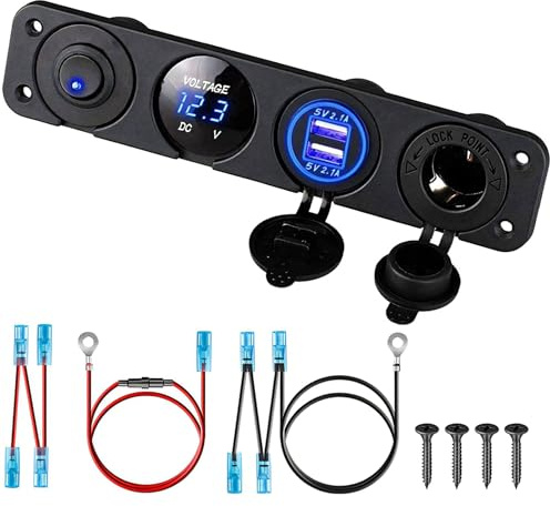 Dual USB Socket Charger Switch Panel - LED Voltmeter, 12V Power Outlet, ON-OFF Toggle Switch 4 in 1 Panel for Truck Trailer Camper Motorhome Marine Car Boat Mobiles (Blue)