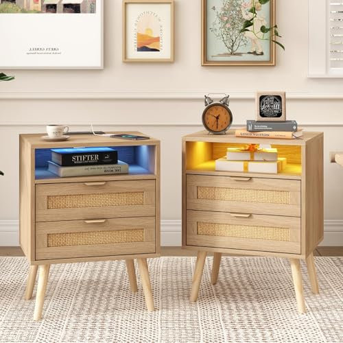 FiveWillowise Juego de 2 mesitas de noche con LED, colores ajustables, puertos USB, mesa auxiliar con cajones, función de carga, ratán, mesita de noche, mesita de noche, moderna