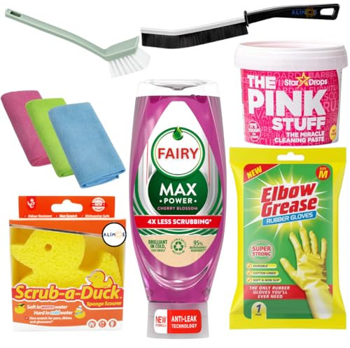 Fairy Max Power - Set di detersivi liquidi ai fiori di ciliegio da 640 ml, con spazzola per piatti, spugna d'anatra, guanti in gomma per gomiti e spazzola per la pulizia delle fessure, pasta rosa 850