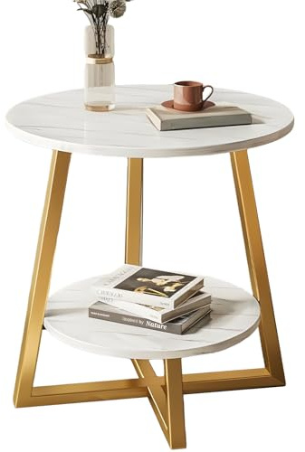 Tavolino Rotondo a 2 Ripiani per Soggiorno, Tavolo da Soggiorno con Gambe in Metallo, 40 x 40 x 55 Cm (Montatura Bianca + Oro)
