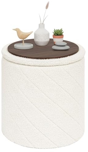 PINPLUS Round Storage Ottoman, Soft Boucle Convertible Coffee Table Footstool, Padded and Foldable Storage Seat for Living Room & Bedroom, 43×43×45 cm, White