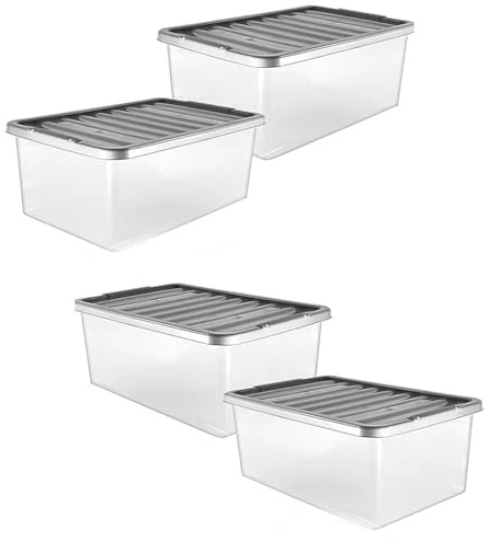 Pluto Packaging 4 Pack 32 Litre Strong Stackable Durable Underbed Storage Boxes Complete With Silver Lids