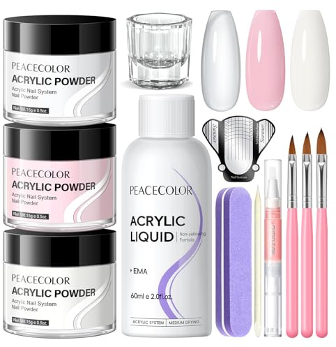 PEACECOLOR Klar Weiß Rosa 3 Farben AcrylPulver und Acryl Flüssigkeit Set mit Pinsel Maniküre Werkzeuge Professionelle Acryl Nagelset Starterset Komplett für Home DIY Nail Art Salon verwenden
