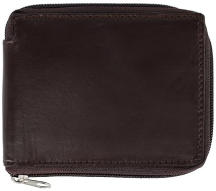 CTM Leather Zip-Around Bifold Wallet with Coin Pocket, Brown