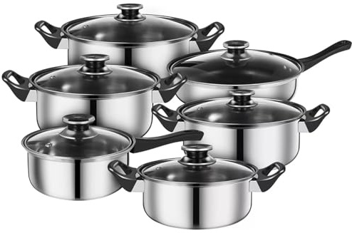 6-Piece Stainless Steel Cookware Set with Glass Lids, Multipurpose Pots and Pans Set for Cooking, Frying, Steaming, Suitable for Home, Restaurant Use