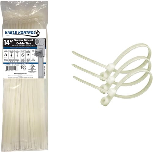 Kable Kontrol Natural White Cable Ties with Screw Hole, 370 mm x 7.6 mm, 100 Pcs, 14 Premium Nylon Screw Mount Zip Ties, Multi-Purpose Tie Wraps, Secure Self-Locking Mechanism, for Home, Garden, DIY