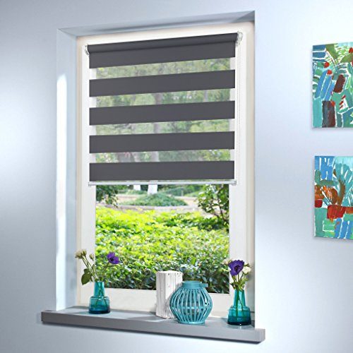 Doppelrollo nach Maß, Maßanfertigung Klemmfix nach Maß zum klemmen ohne bohren klemm Duo Rollo Rollo nach Maß, für Fenster und Türen, Klemmfix ohne Bohren (120cm Höhe x 125cm Breite / Dark Grey)