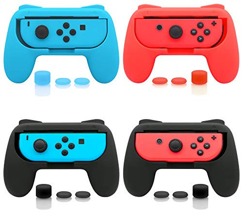 FASTSNAIL Gummierte Griffe Kompatibel mit Nintendo Switch für JoyCon, Halterung Gaming Controller Kompatibel mit Switch OLED, mit 6 Paar Daumengriffen(Schwarz + Schwarz + Rot + Blau)