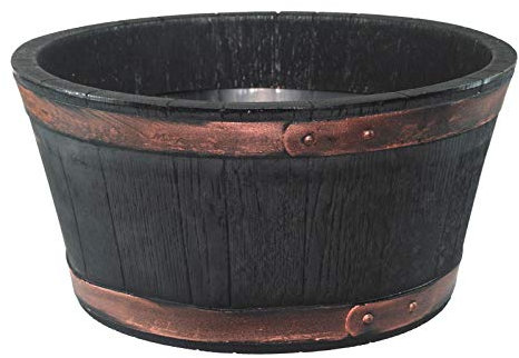 simpa Oakwood Rustic Style Plastic Black Barrel Planter Pot - Single Pot - 25cm (H) x 49.5 (Dia) - Ideal for Indoor & Outdoor Use.
