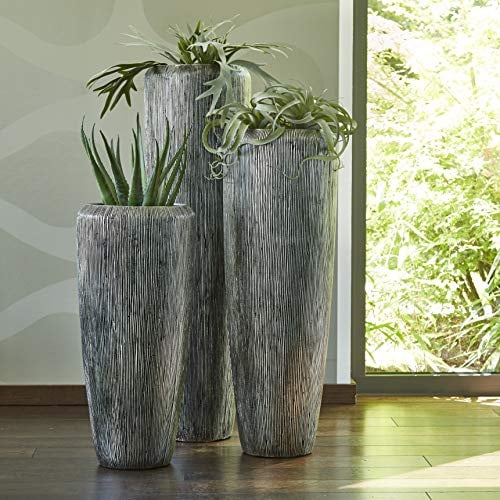 Klocke Pflanzgefäße Edle & Hochwertige Pflanzvase Rillenstruktur - Fiberglas - Inklusive Einsatz – Indoor – Pflanzkübel Metallic/Metallisch (Klein: 75cm, Silber)