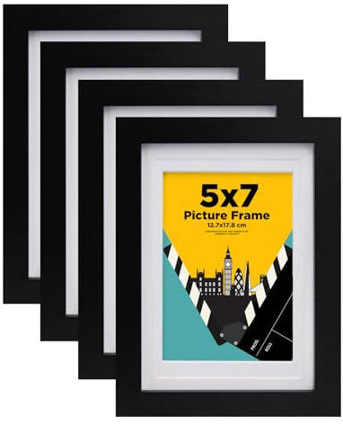 EGOFINE 7x5 Picture Frames Set of 4, Solid Wood Frames with Acrylic Glass, Matted for 4x6/3.5x5 inch, 7x5 Photo Frames for Tabletop and Wall Mounting,17.8 x 12.7cm Small frames for Printing,Black