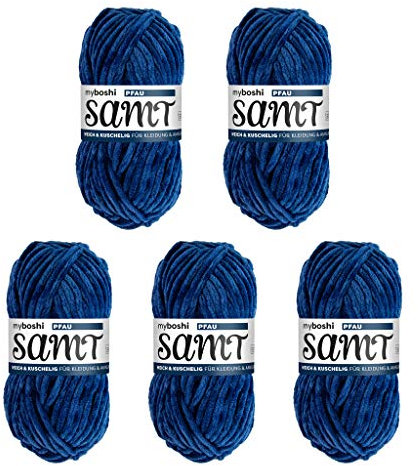 myboshi Samt Wolle zum Häkeln und Stricken, weiche Chenille Wolle im XXL-Knäuel, perfekt für Amigurumi und Kissen, 100% flauschige Polyester, 100g, Ll 100m Blau (Pfau), 5 Knäuel