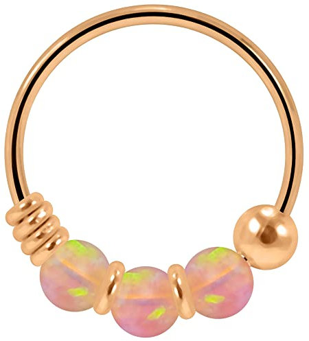 AZARIO LONDON Triple Pink Opal Stone 22 Gauge (0.6MM) - 8mm Diameter Rose Gold Plated 925 Sterling Silver Open Hoop Nose Ring Jewellery