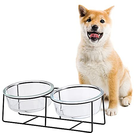 Gamelle Chien Chat - Gamelle Chien Surelevee et Inclinée avec Support - Gamelle pour Chien Moyen | Gros Chat - Double Bol en Verre pour Eau et Nourriture - 850ml×2
