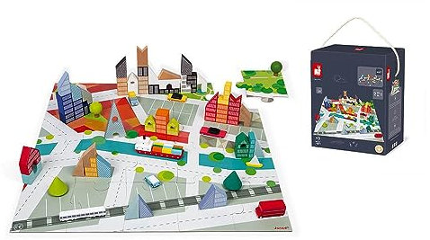 Janod - Kubix 60 Bausteine + 20-teiliges Puzzle Stadt - Holzbausteine aus Massivholz + Puzzle Lernspiel mit Spielmatte als Unterlage - Ab 3 Jahren, J08304