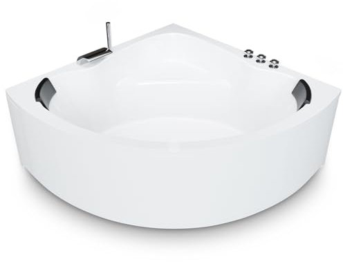 AQUADE Acryl Eckbadewanne 150x150 Modell: Koblenz - Weiß Badewanne Komplettset 150x150 - Badewannen mit Wannenfüßen + Schürze + Wannenrandarmatur + Nackenkissen