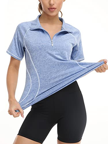 Koscacy Womens Quarter Zip Polo Shirts Short Sleeve Quick Dry Golf Tennis Athletic Tops (S-2XL), Sky Blue, S