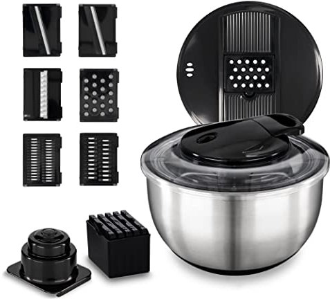 Berthan Spinner per insalata grande in acciaio inox da 5 litri con affettatrice mandolina, asciugatrice per verdure con coperchio contenitore lattuga, pulsante di arresto funzionale (acciaio inox)