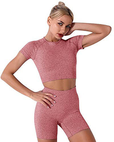 IMEKIS Damen 3 tlg Fitness Set Sport-BH mit Crop-Top und Shorts Nahtlose Yoga Kleidung Fitness Workout Outfit Frauen Slim Fit Sommer Biker Activewear Laufanzug Altrosa S