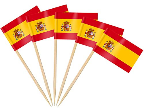 AhfuLife - 100 Piezas de Decoración de Pastel de Bandera de Palillos de Dientes, Palos de Cóctel, Sándwiches, Comida, Pastelería, Copa del Mundo, Artículos de Fiesta (Spain, 100)