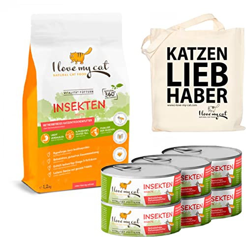 I Love My Cat Sparset Insektenprotein für Katzen Getreidefreies Trockenfutter mit Insektenprotein 1,2 kg und Nassfutter mit Insekten 6 x 100 g ohne künstliche Inhaltsstoffe