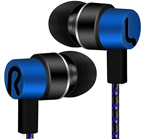 Jildouf Auriculares con cable en la oreja, auriculares con cable de 3,5 mm, cable trenzado de tela de 1,1 m, conexión directa, auriculares con aislamiento de ruido, estéreo de alta fidelidad y potente